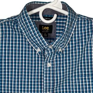 Lee Regular Fit XL Stretch Plaid‎ Button Down Long Sleeve Shirt Blue Mens